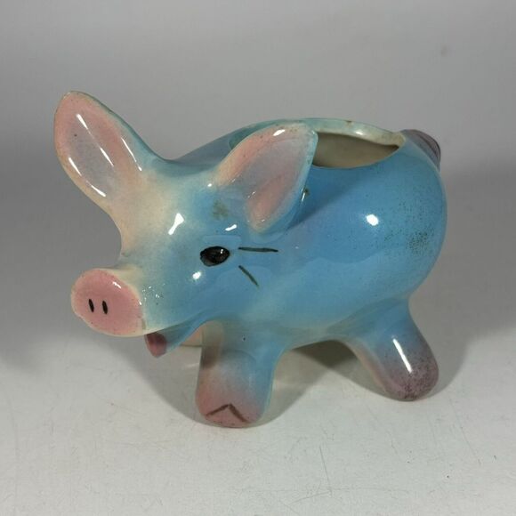 Vintage Mary Bradshaw 50's Hand‎ Painted Ceramic Pig Succulent Planter Teal Blue - Picture 1 of 8